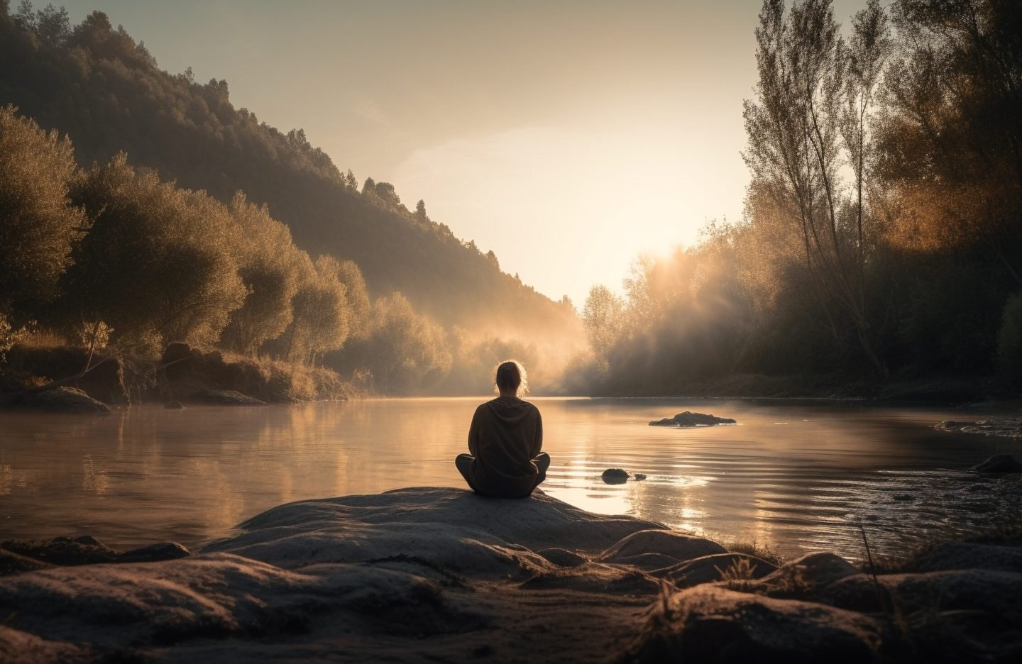 Serene silhouette meditating on tranquil autumn mountain generated by artificial intelligence